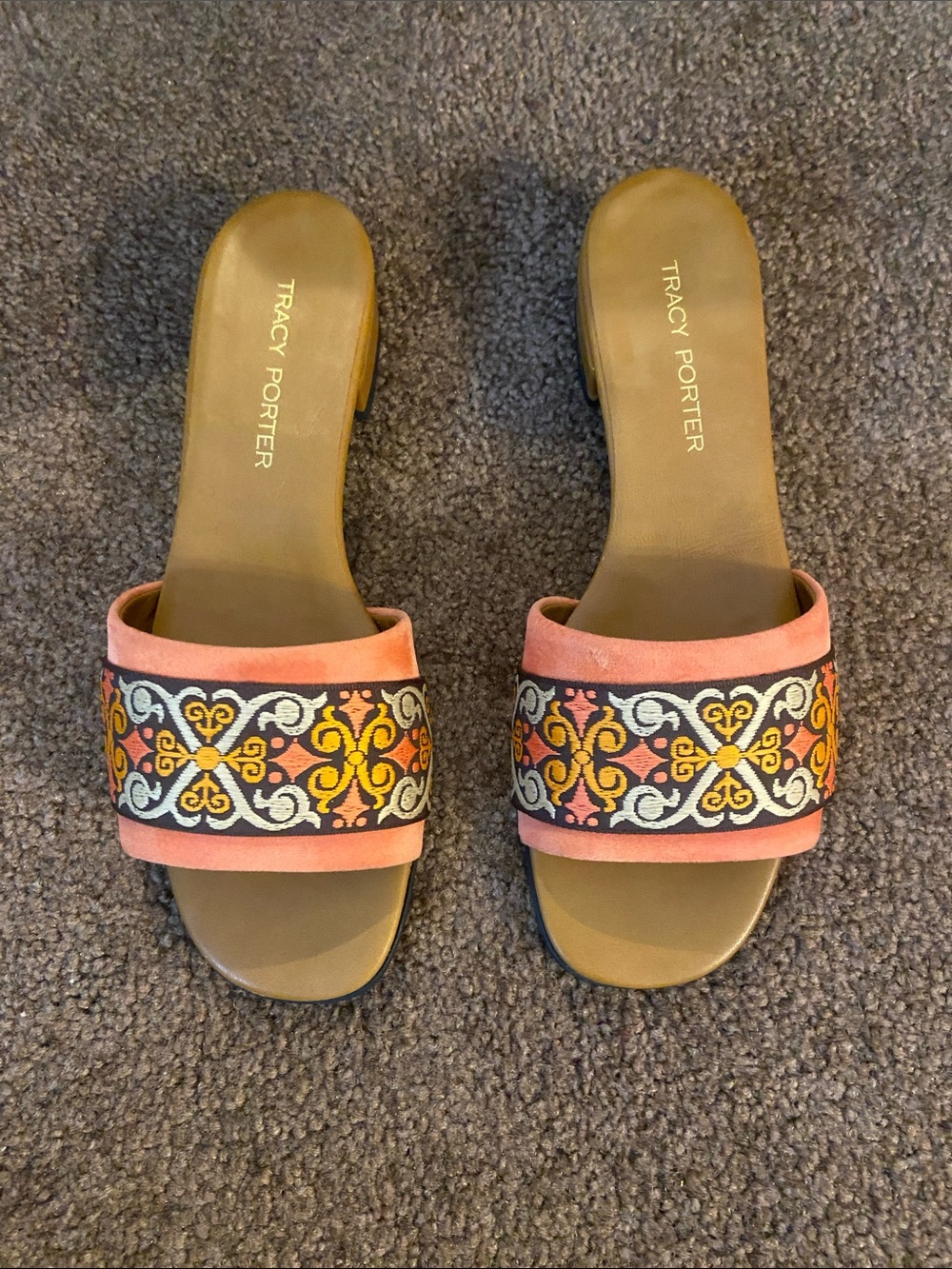 Tracy Porter Coral Embroidered Slide Mules with Yellow and Black Motif